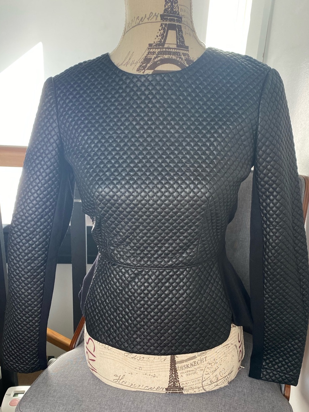 BCBGMaxAzria Black Quilted Peplum Leather Top XS